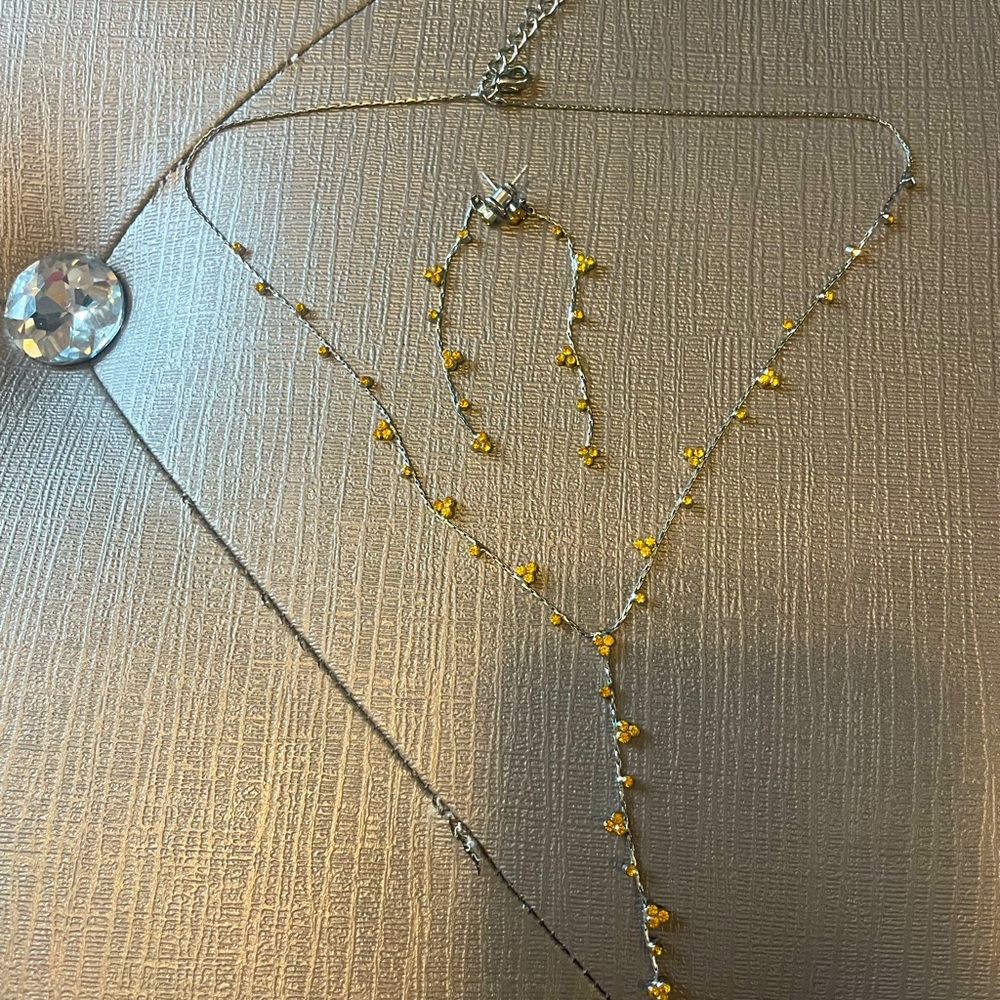 Silver tone and yellow sparkle necklace and dangle earrings set